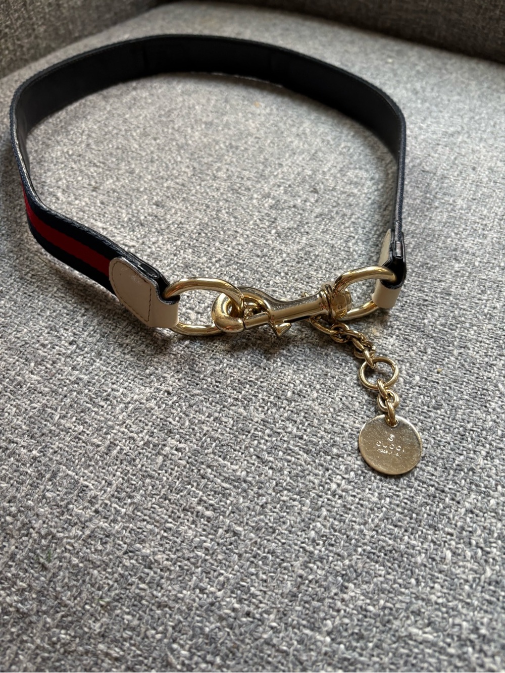 Vintage Gucci Navy Belt with Red and Blue Stripe and Gold Hardware
